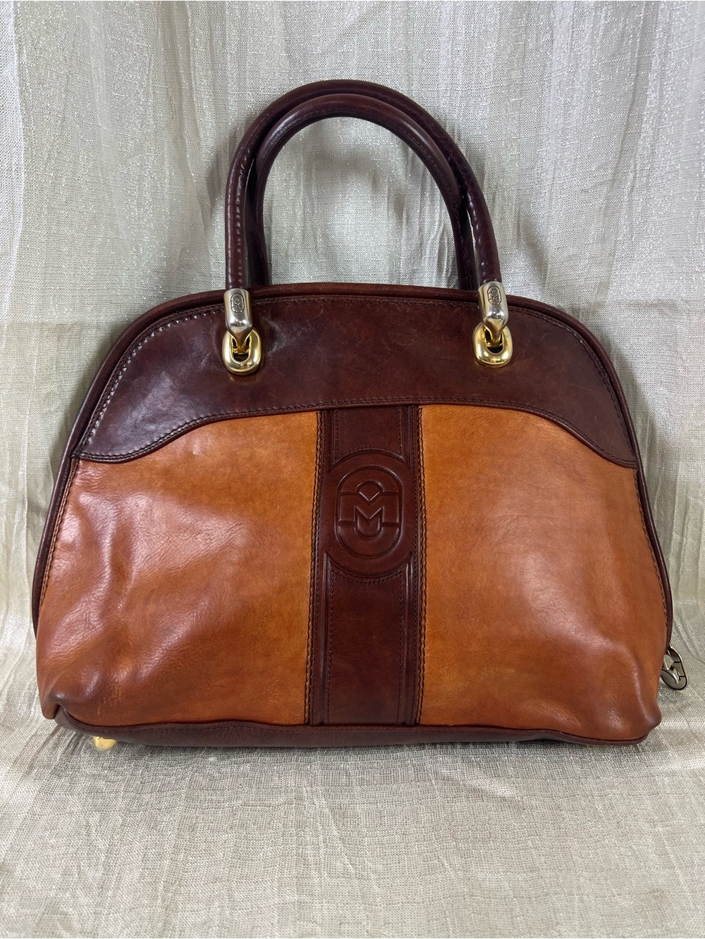 Vintage Marino Orlandi Italian Leather Satchel Cognac Brown Large Shoulder Bag